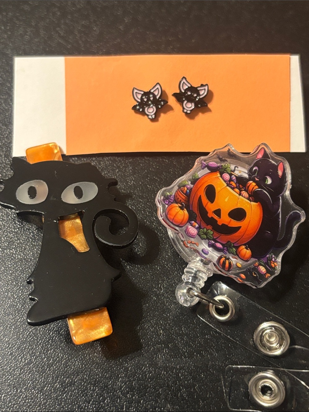 Black Cat Halloween Key Badge Holder Bat Earrings and Cat Hair Accessory